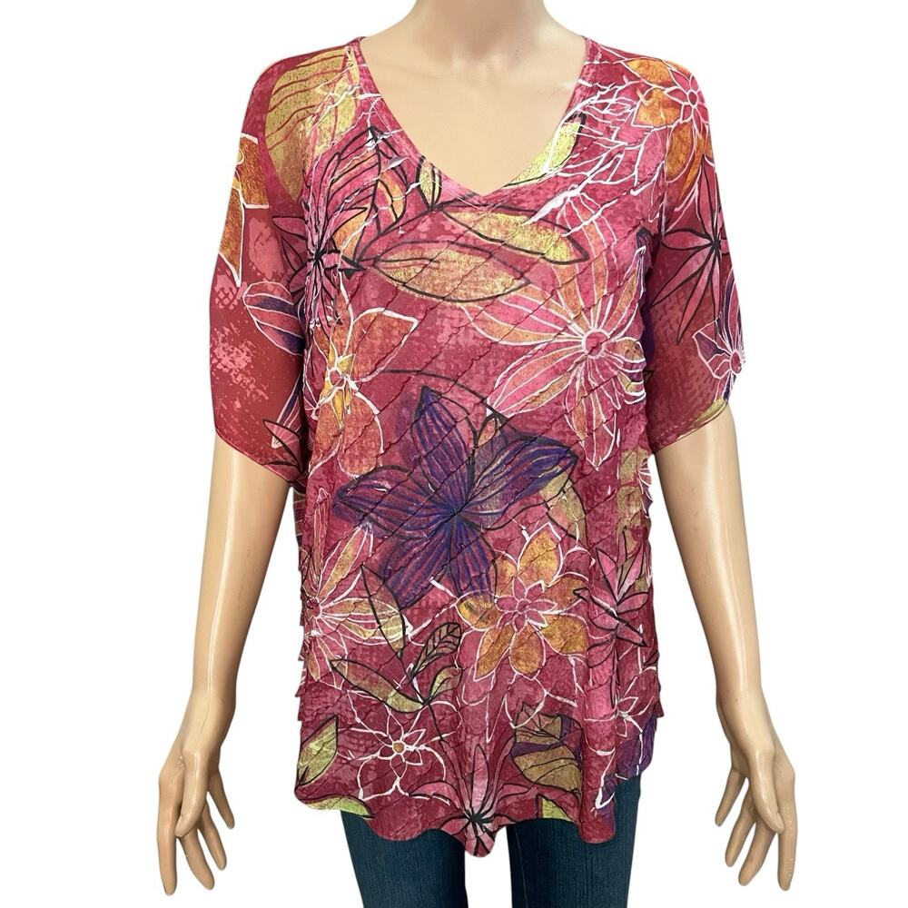 Jess And Jane Sublimation Print Ruffle Tunic Top XL Short Sleeve Floral Pink